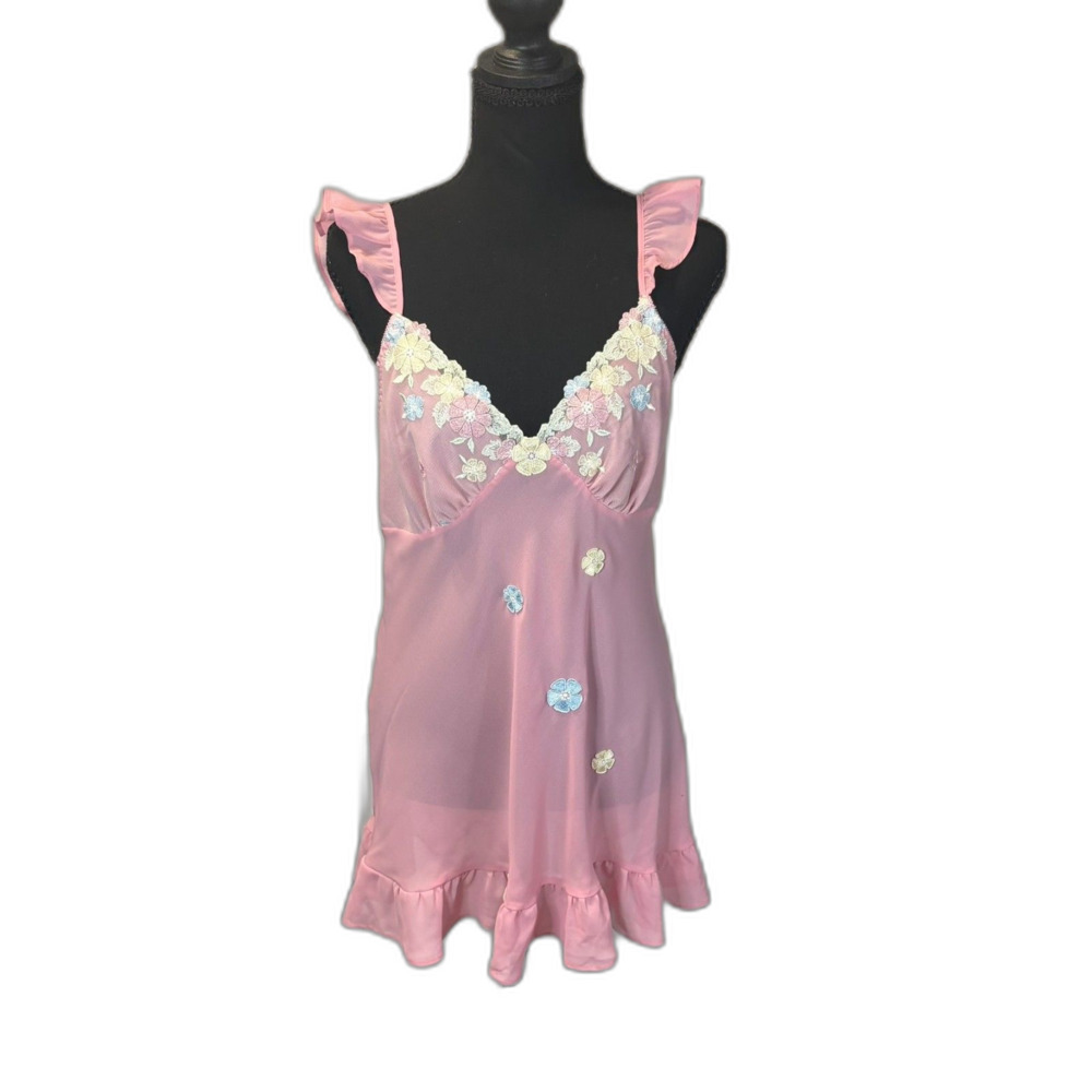 VTG Cinema Etoile Pink Chiffon Babydoll Slip Dress Floral Applique Ruffle Medium